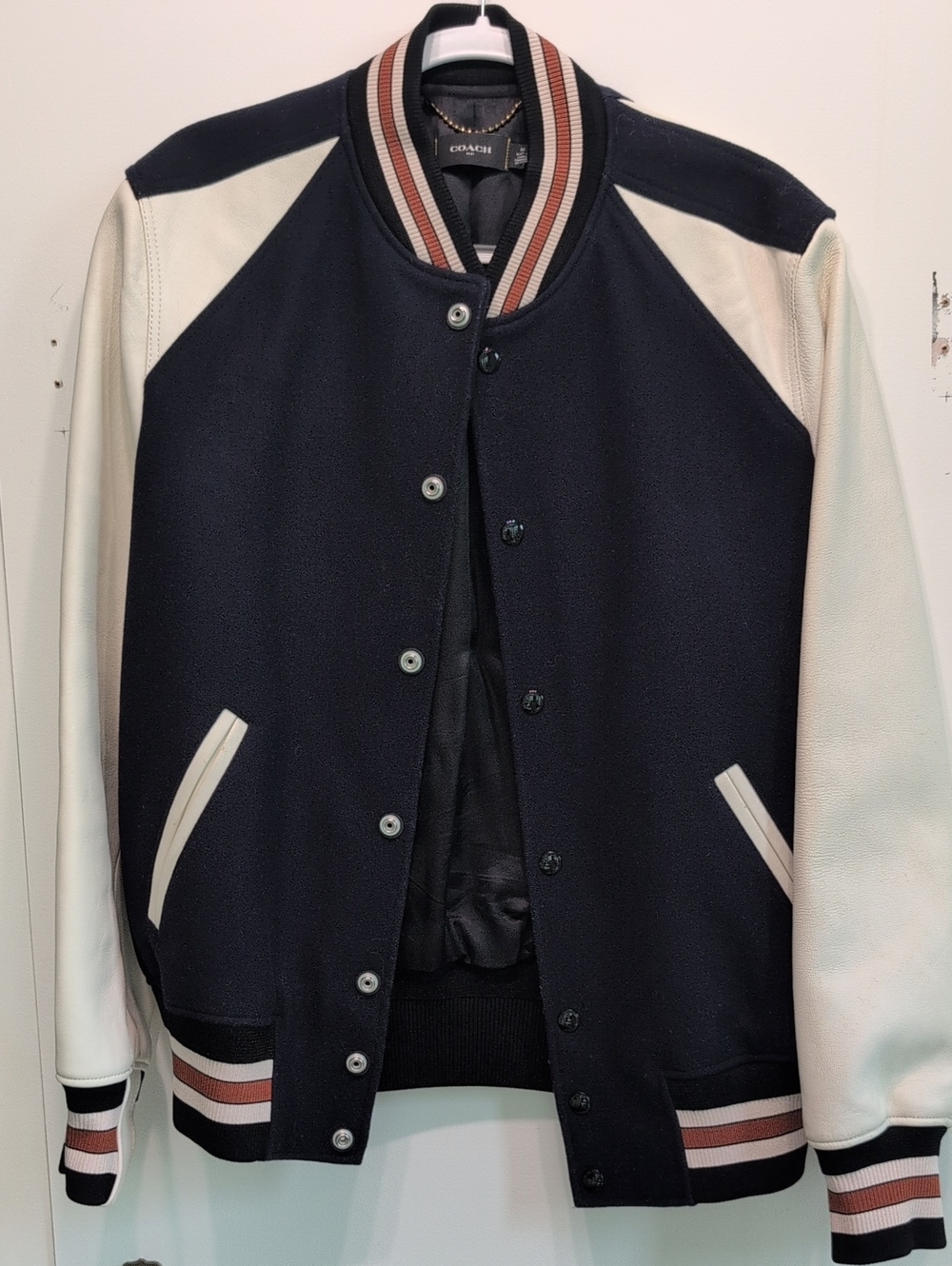 Coach Navy and Cream Leather-Sleeve Varsity Jacket